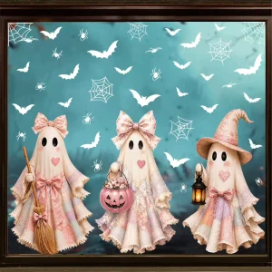 Cute Pink Ghost Halloween Window Clings Bat Spider Web Static Window Stickers Reusable Glass Decals Halloween Decor
