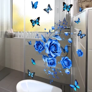D22498 Blue Rose Butterfly Static Cling Window Decal for Storefront Glass Doors Double-Sided Visible
