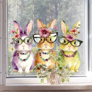D22543 Three Rabbit Window Decals for Shopfront Glass Doors Static Cling Glass Stickers with Double Sided Visibility