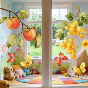 D22564 Persimmon and Grape Butterfly Window Sticker for Shop Windows Glass Doors and Home Decoration Static Cling Glass Decal