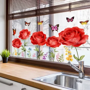 D22728 Red Rose Butterfly Window Sticker Static Glass Decal for Shop Window and Glass Door Double-Sided Visible
