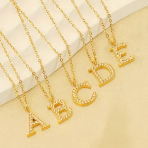 Dainty Rhinestone Crystal Paved Alphabet Charm 18K Gold Plated Stainless Steel Initial Letter Pendant Necklace