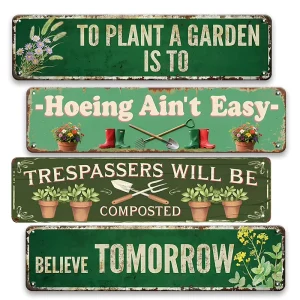 Dark Green Garden Long Metal Sign Gardening Tool Flower Plant Graphic Yard Wall Decor