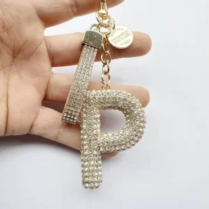 Delicate P Letter Full Rhinestone Keychain Crystal Pu Leather Strap Bag Charm Spring Ring Car Key Pendant Gift Accessory