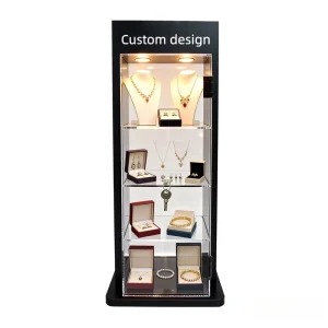 Design Customization Logo Modern Acrylic Counter Display Stand with Adjustable Shelves and Door Key for Jewelry Showroom