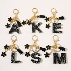 Designed Plastic Black Flower Tassel Gifts for Girl Lady Women Resin Charm 26 Initial English Letter Key Chain
