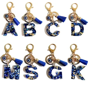 Designed Plastic Blue Devil’s Eye Tassel Gifts for Girl Lady Women Charm 26 Initial English Letter Key Chain