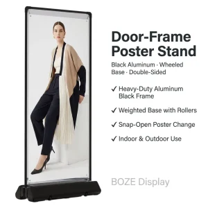 Door Frame Poster Stand Lightweight Retractable Double Sided Black Aluminum Snap Open Wheeled Base 80x180cm Indoor Display