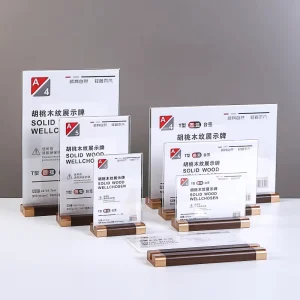 Double Sided Acrylic T Shape Menu Display Stand Vertical Horizontal Acrylic Sign Holder with Wood Base for Restaurant