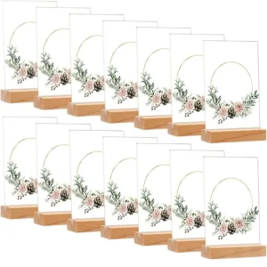 Double Sided Acrylic Table Sign Holder with Wooden Base Clear Desktop Display Stand for Menu Price Tag Promotion Wedding