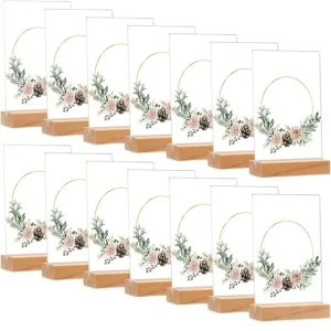 Double Sided Acrylic Table Sign Holder with Wooden Base Clear Desktop Display Stand for Menu Price Tag Promotion Wedding