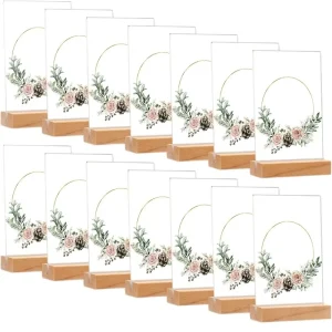 Double Sided Acrylic Table Sign Holder with Wooden Base Clear Desktop Display Stand for Menu Price Tag Promotion Wedding