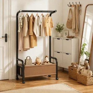 Double Tiered Vertical Clothes Drying Rack for Household Bedroom Balcony or Bag Storage Mobile Basket Design