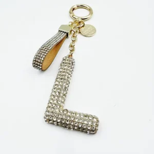 Durable L Letter Full Rhinestone Keychain Crystal Pu Leather Strap Bag Charm Spring Ring Car Key Pendant Gift Accessory