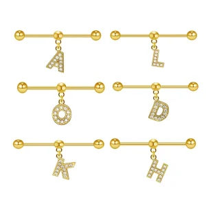 Ear Piercing Jewelry Gold Plated Crystal Letter Industrial Barbell Initial Scaffold Piercing Jewelry