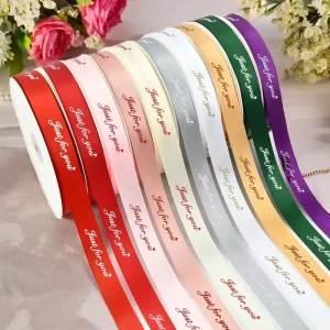 Eco Friendly 100% Polyester Double Face Luxury Brand Logo Personalized Customize Hot Stamping Foil Printing Satin Ribbon for