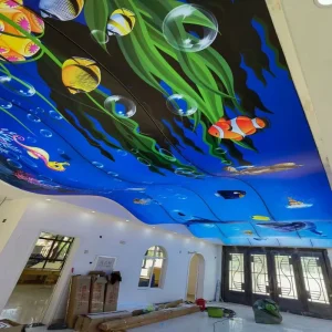 Eco friendly Thickness 0.18 0.25mm PVC Wave shaped Ocean UV Printed Ceiling Film For Marine Aquarium