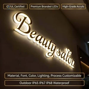 Elegant 3D Logo Channel Letter Custom Glowing Glossy Finish Gold Acrylic Illuminated Backlit Light Sign For Indoor Outdoor Use