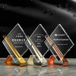 Elegant Curved Metal Stand Honor Certificate Minimalist Rhombus Double layer Clear Crystal Appointment Letter Plaque