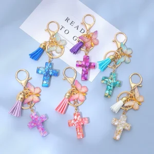 Epoxy Resin Cross Tassel Butterfly Carabiner Keychain Cute Christian Fringe Crystal Drop Plastic Alloy Metal Keychain