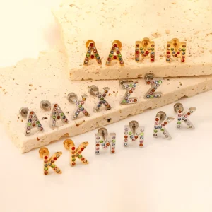 European American Fashion Women’s Trendy Creative English Letter Style Stainless Steel Crystal Rhinestone Stud Earrings
