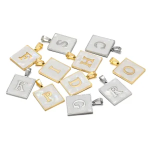European American-style Square Shell-inlaid Stainless Steel Pvd Gold Pendants 26-Letter Alphabet Charms DIY Versatile Necklace