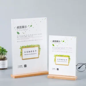 Factory Custom A4 A5 A6 Wooden Base Acrylic Table Card Holder Desktop Menu Price Tag Display Stand for Cafe Hotel Office