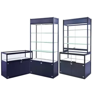 Factory Direct Light Duty Aluminum Alloy Glass Door L Shape Display Stand Epoxy Powder Coating Freestanding Shelves
