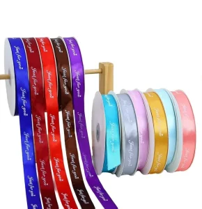 Factory OEM Customized 25mm Black 100% Polyester Satin Ribbon Gold Silver Foil Logo Brand Artwork 3/8″ Width Single Face High