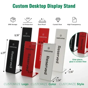 Factory OEM Luxury Transparent Clear Desk Holder Acrylic Folded Reserved Table Sign Acrylic Display Stand for Store Shop Display