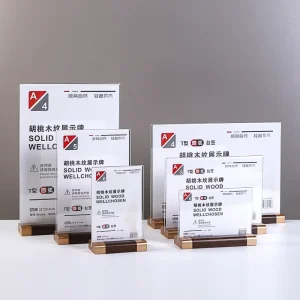 Factory Price T Shaped A4 A5 A6 Acrylic Sign Holder Desktop Acrylic Walnut Wooden Base Advertising Display Stand for Hotel