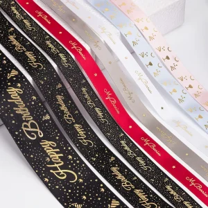 Factory Satin 100% Polyester Ribbon Eco-Friendly with Printed Gold Logo Custom Ribbons for Gift Wrap