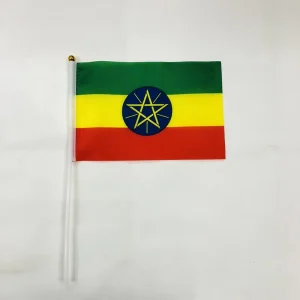 Factory Spring Polyester Ethiopian Handheld Flag 14x21cm with Plastic Flagpole Rectangle Shape Watermark Printing
