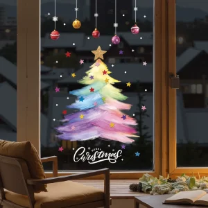 Factory Watercolor Rainbow Christmas Tree Static Window Stickers Removable PVC Xmas Glass Decals Custom Print OEM