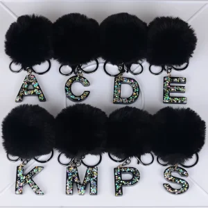 Fashion Lightweight Black Pompoms Resin 26 Letters Sequin Keychain Cute for Women