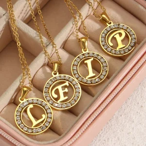 Fashion Stainless Steel Hollow Round Initial Letter Pendant Necklace 18k Gold for Women