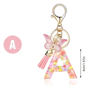 Fashionable Pink Crystal Resin Butterfly Letter Pendant Tassel Keychain Novelty Gifts Sequined Valve Keychain Accessory