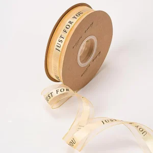 Floral Polyester Golden Print Satin Ribbon with Organza Edge for Wedding Gift Wrapping Custom Logo Available