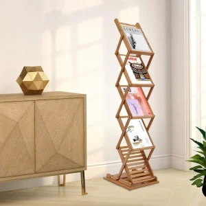 Foldable Wood Rack Portable Pop up Display Stand Rack Floor Premium Bamboo Magazine Rack for Trade Shows