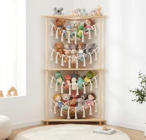 Free Standing Open Access Wood Corner Stuffed Animal Storage Organizer Zoo Holder 4 Tier Boho Macrame Toy Hammock Display Shelf