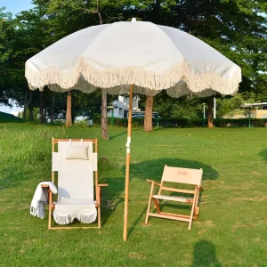 French Vintage Patio Parasol Limited Edition Beach Umbrella with Fringe Wooden Pole Adjustable Tilt Made in China