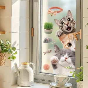 Funny Cartoon Pet Cat Static Glass Sticker Removable Static Window Decal Anti collision Window Film Home Decor