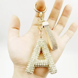 Glittering A Letter Full Rhinestone Keychain Crystal Pu Leather Strap Bag Charm Spring Ring Car Key Pendant Gift Accessory