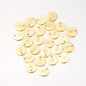 Gold PVD Plated Stainless Steel Initial Alphabet Disc Charm DIY Hollow 26 Capital Letter Plate Accessories for Jewelry Making