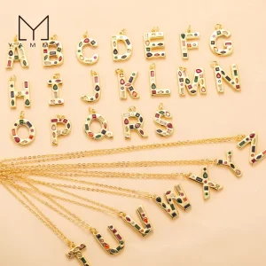 Gold Plating Initial Collections Letter Charm Necklace a to Z Alphabet Copper Colorful Crystal Zircon Pendant Necklace