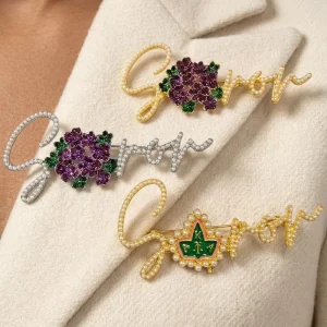 Greek Letter “SOROR” Pearl and Rhinestone Brooch