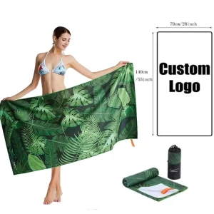 Green Leaf Printed Summer Microfiber Light Weight Sand Free Quick Drying Beach Towel Custom