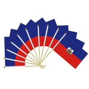 Haiti Hand Waving Flag 14x21cm Polyester with Wooden Pole National Stick Banner for May 18th Flag Day