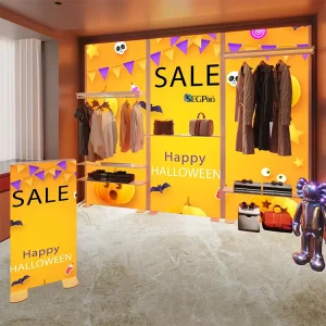 Halloween Retail Advertising Frameless LED Fabric Light Box Portable Promotion Backdrop with Shelves and Hanging Rods