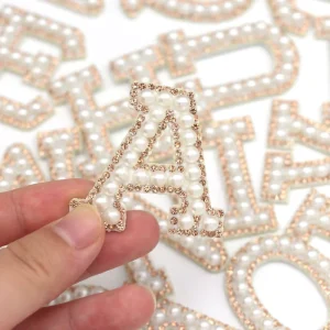 Handmade 3 Colors Mixed Pearl Patch Alphabet Letter Iron on 3D Crystal Rhinestone Letter Patches Applique for Garments